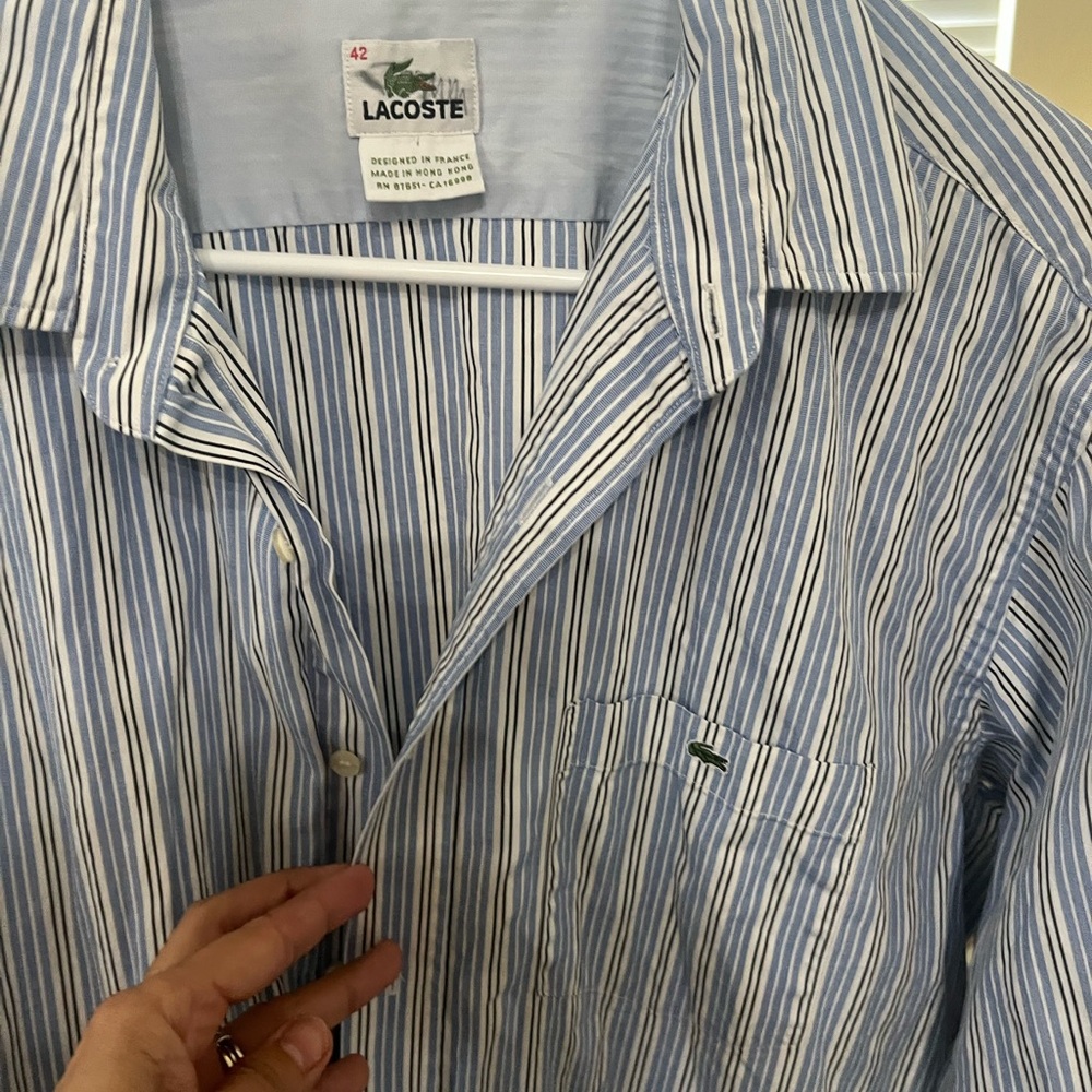Lacoste Men's White and Blue Striped Button Down Shirt
